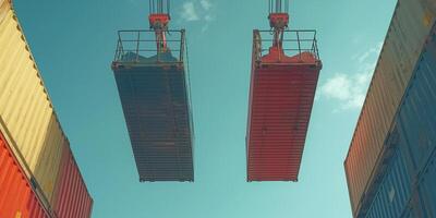 Two large cranes lift shipping containers against a bright blue sky, showcasing the scale of maritime logistics. photo