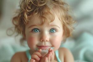 Adorable toddler with curly blonde hair and bright blue eyes, smiling while holding a piece of shell. Soft, cozy setting. photo