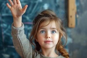A curious Caucasian girl with beautiful blue eyes raises her hand, eager to answer a question in a cozy classroom setting. photo