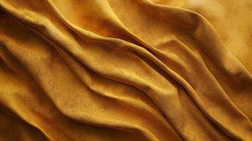 Elegant golden fabric draped gracefully, showcasing rich textures and soft waves that evoke warmth and luxury. photo