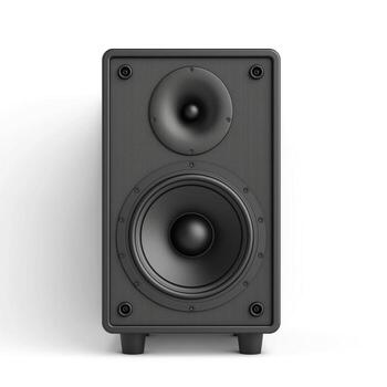 A sleek black speaker featuring a cone and tweeter design, perfect for audio enthusiasts. photo