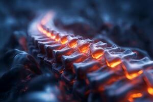 A mesmerizing close-up of a glowing spine structure, showcasing intricate details and luminous elements. photo