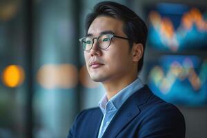 Asian male entrepreneur in glasses, exuding confidence and focus in a modern office setting with blurred charts in the background. photo