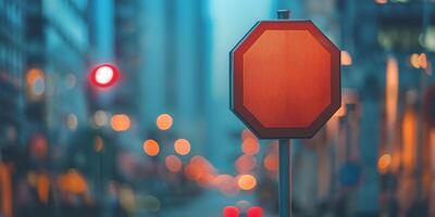 An illuminated stop sign stands out against a blurred urban backdrop, invoking a sense of caution and alertness. photo