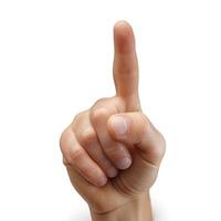 A close-up of a human hand showing a single raised finger, symbolizing attention or a request to pause. photo