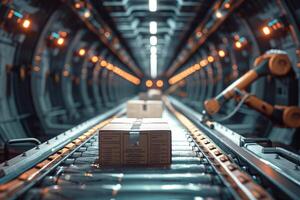 Futuristic robotic warehouse showcasing automated package sorting and transportation. photo