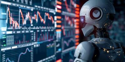Futuristic humanoid robot analyzing stock market data in a high-tech environment. photo