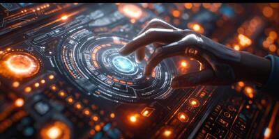 A futuristic robotic hand interacts with a glowing digital interface, showcasing advanced technology and innovation. photo