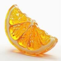 A vibrant slice of orange jello, showcasing its translucent texture and juicy, glimmering segments against a white background. photo
