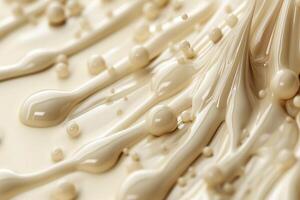 Close-up of creamy beige liquid with flowing texture and bubbles. photo