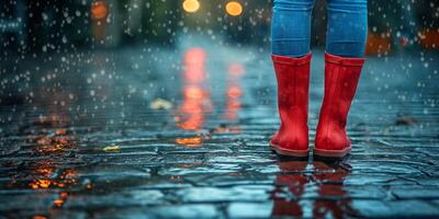 Woman standing in red rain boots on a wet cobblestone street during a rain shower. photo