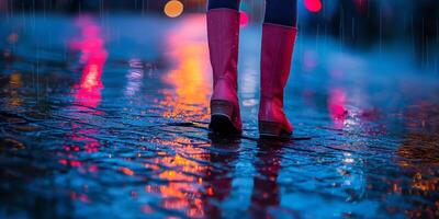A woman in stylish red rain boots walks along a colorful, wet street reflecting vibrant lights in the rain. photo