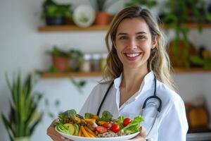 Smiling female healthcare professional presenting a colorful plate of healthy vegetables and grains, evoking a sense of wellness. photo