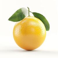 A vibrant, ripe yellow orange with fresh leaves set against a clean white background. photo