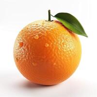 A fresh, vibrant orange with droplets of water and a green leaf on a white background, radiating freshness and vitality. photo