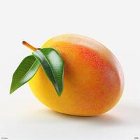 A ripe, vibrant yellow mango with a hint of red and fresh green leaves, showcasing its juicy allure. photo