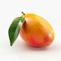 A vibrant, ripe mango with a green leaf, showcasing its fresh, juicy texture and rich colors. photo