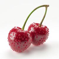 Two fresh, vibrant red cherries glistening with droplets of water against a plain background. photo