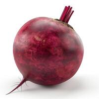 A vibrant, freshly harvested beetroot with a rich red color and lush green tops, resting against a plain background. photo