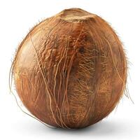 A close-up view of a brown coconut, showcasing its textured surface and fibrous exterior. photo