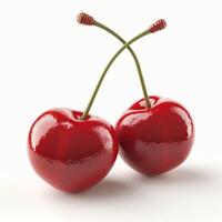 Two glossy red cherries with vibrant green stems, showcasing freshness and a playful mood. photo