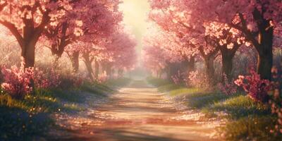 A serene pathway lined with blooming cherry blossom trees, bathed in soft morning light. photo
