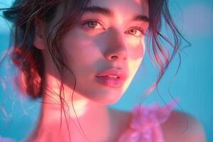 A young woman with wavy brown hair and striking green eyes illuminated by soft pink and blue hues, exuding a dreamy and ethereal mood. photo