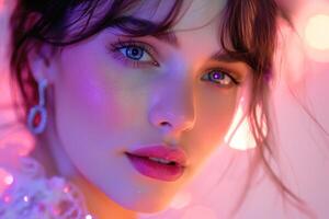 Close-up of a young Caucasian woman with radiant skin and captivating blue eyes, illuminated by soft colorful lights. photo