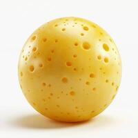 A vibrant yellow cheese sphere with distinctive holes, resembling swiss cheese, set against a clean, white background. photo