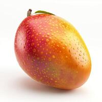 A vibrant, fresh mango showcasing its droplets of water, exuding a juicy allure and bright colors. photo