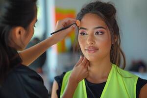 A young Hispanic woman getting makeup applied by a stylist in a bright, modern setting. photo