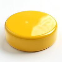 A vibrant, glossy yellow cheese wheel on a clean, white background, showcasing its smooth surface and circular shape. photo
