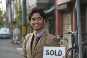 Smiling Asian man in a suit proudly holds a 'SOLD' sign on a street, showcasing success in real estate or business. photo