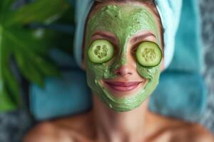 A relaxed woman with a green facial mask and cucumber slices on her eyes, exuding a serene and healthy vibe. photo