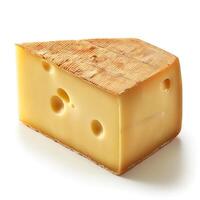 A wedge of creamy yellow cheese with distinctive holes and a textured rind, perfect for gourmet dishes. photo
