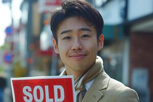 Smiling East Asian man in a beige suit joyfully holds a 'SOLD' sign, celebrating a successful sale in a vibrant urban setting. photo