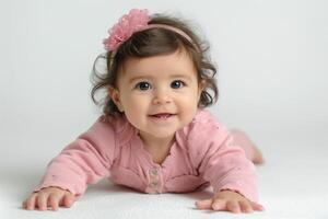 Adorable baby girl with curly hair and a pink outfit, smiling happily while crawling on a white surface. photo
