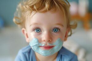 A cheerful Caucasian toddler with curly hair enjoys a fun face mask at home, framed by bright, soft lighting. photo