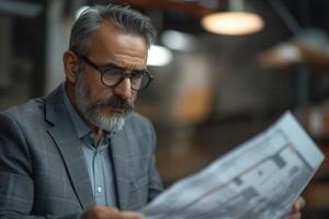 Middle-aged Hispanic man in glasses, reading a document with focus in a dimly lit workspace. photo