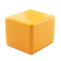 A vibrant yellow cube on a clean white background, showcasing its glossy finish and geometric shape. photo