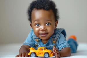 A joyful African American baby boy playing with a colorful toy car, smiling warmly at the camera. photo