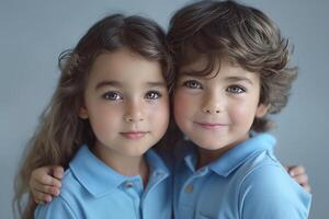 Two young children, a boy and a girl, share a warm embrace, showcasing bright smiles against a soft backdrop. photo