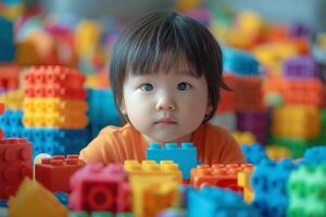 A curious Asian toddler playing with colorful building blocks, surrounded by a vibrant array of toys in a playful setting. photo