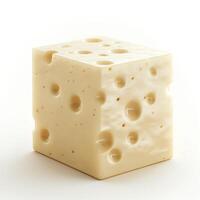 A realistic cube of creamy cheese with characteristic holes, set against a light background. photo