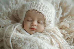 Adorable sleeping baby girl swathed in cozy white layers, evoking warmth and serenity. photo