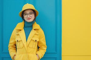 A young Asian woman in a bright yellow coat and hat, standing confidently against a vibrant blue and yellow background. photo