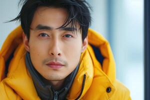 A young Asian male in a bright yellow jacket, exuding a calm and introspective mood with a subtle, piercing gaze. photo