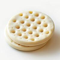 A close-up view of two circular cheese graters stacked, featuring a smooth, cream-colored surface with multiple holes. photo