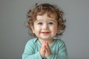Adorable toddler with curly hair and bright eyes, smiling with hands together in a playful pose. photo