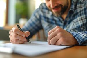 A smiling middle-aged man writing on paper with a pen in a comfortable indoor setting. photo